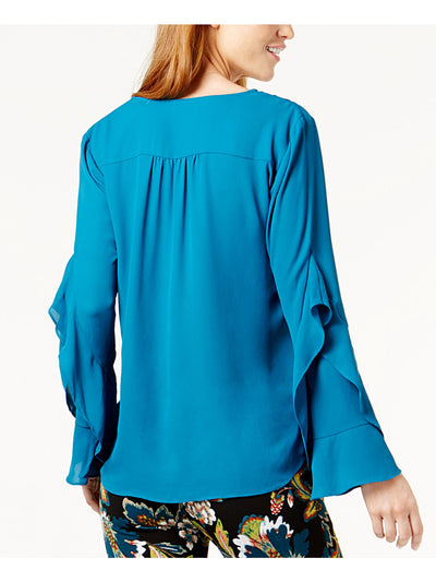 INC Womens Teal Ruffled Low Cut Bell Sleeve Faux Wrap Top M