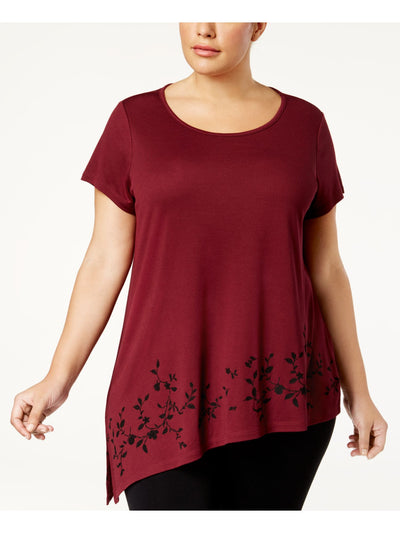 LOVE SCARLETT Womens Maroon Cut Out Printed Short Sleeve Jewel Neck Top Plus 1X