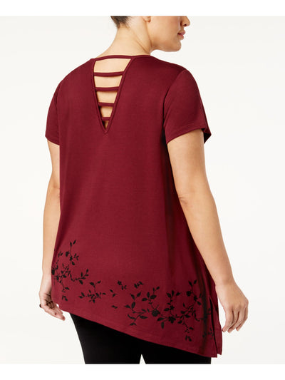 LOVE SCARLETT Womens Maroon Cut Out Printed Short Sleeve Jewel Neck Top Plus 2X