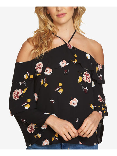 1. STATE Womens Black Floral Long Sleeve Halter Top Size: XS