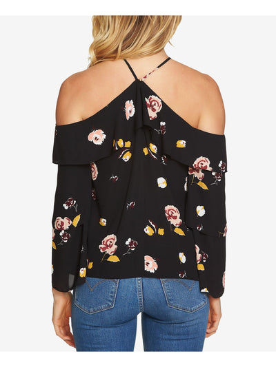 1. STATE Womens Black Floral Long Sleeve Halter Top Size: XS