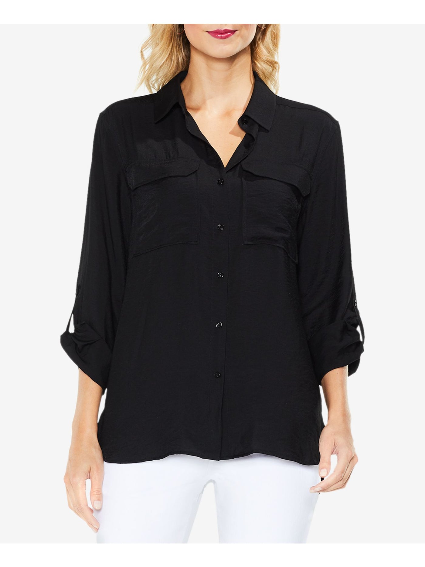 VINCE CAMUTO Womens Black Pocketed Utility Roll-tab Sleeve Point Collar Button Up Top XXS