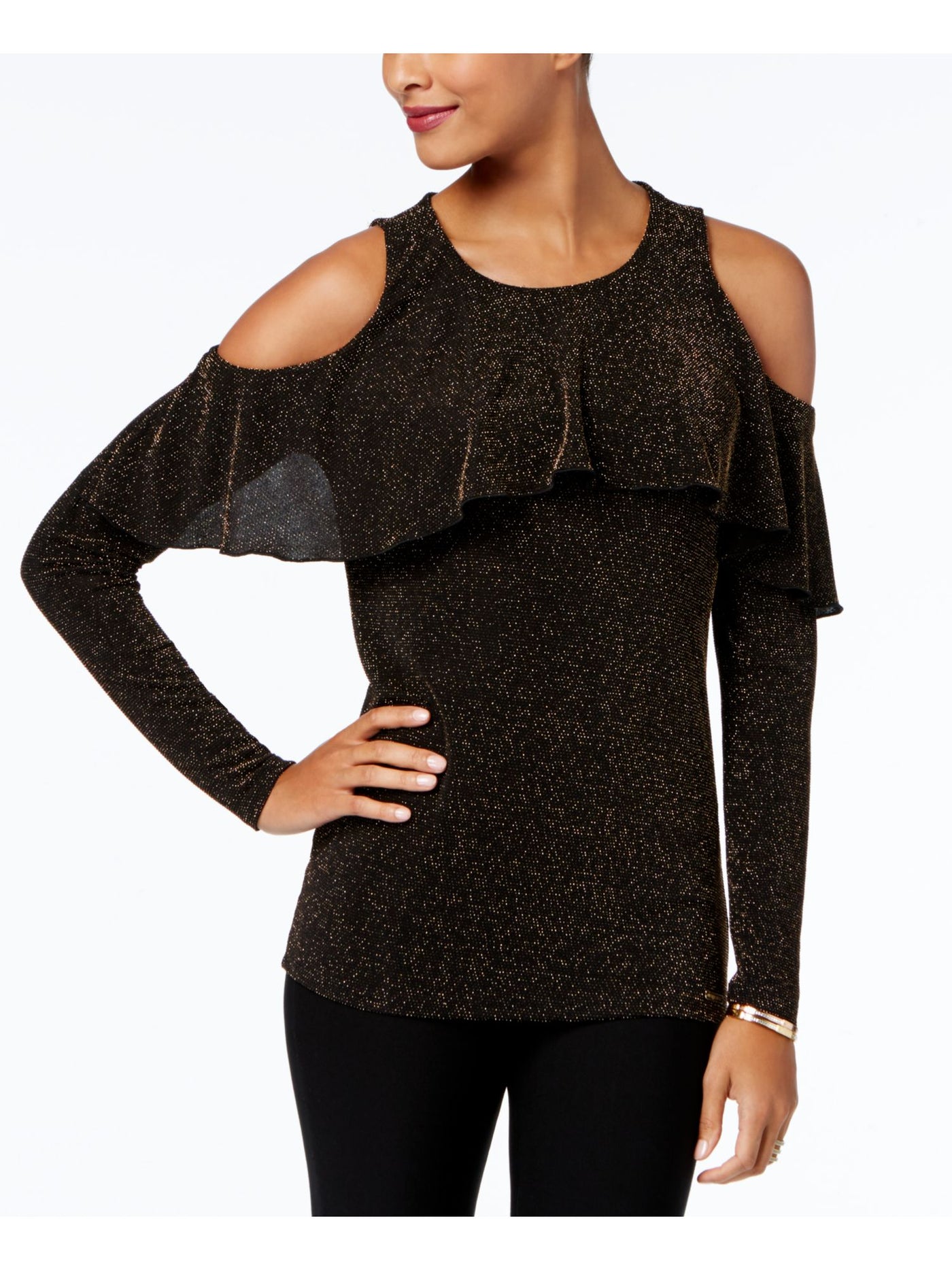 MICHAEL KORS Womens Black Cold Shoulder Glitter Long Sleeve Jewel Neck Evening Top M