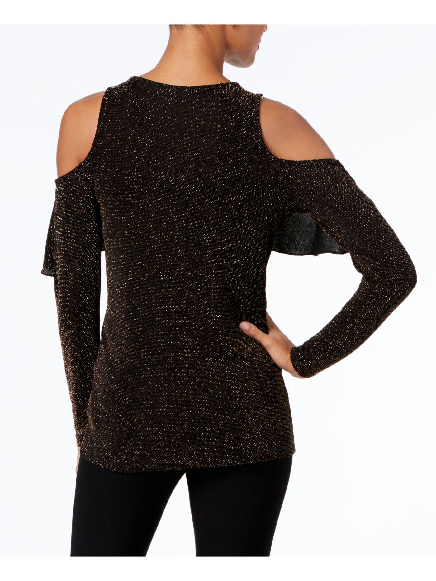 MICHAEL KORS Womens Black Cold Shoulder Glitter Long Sleeve Jewel Neck Evening Top M