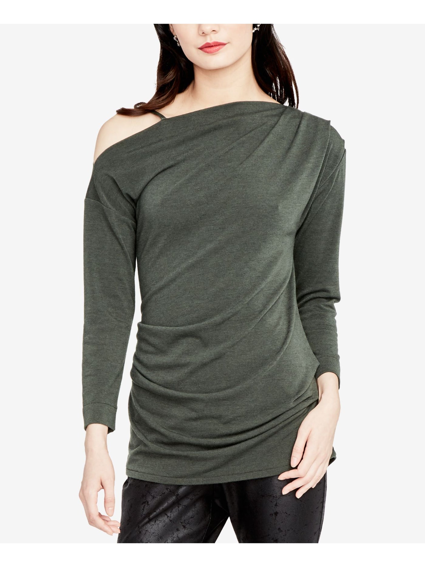 RACHEL ROY Womens Green Pleated 3/4 Sleeve Asymmetrical Neckline Evening Top S