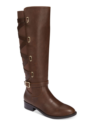 THALIA SODI Womens Brown Criss-Cross Straps At Back Buckle Accent Stretch Round Toe Stacked Heel Zip-Up Boots Shoes 6.5 W