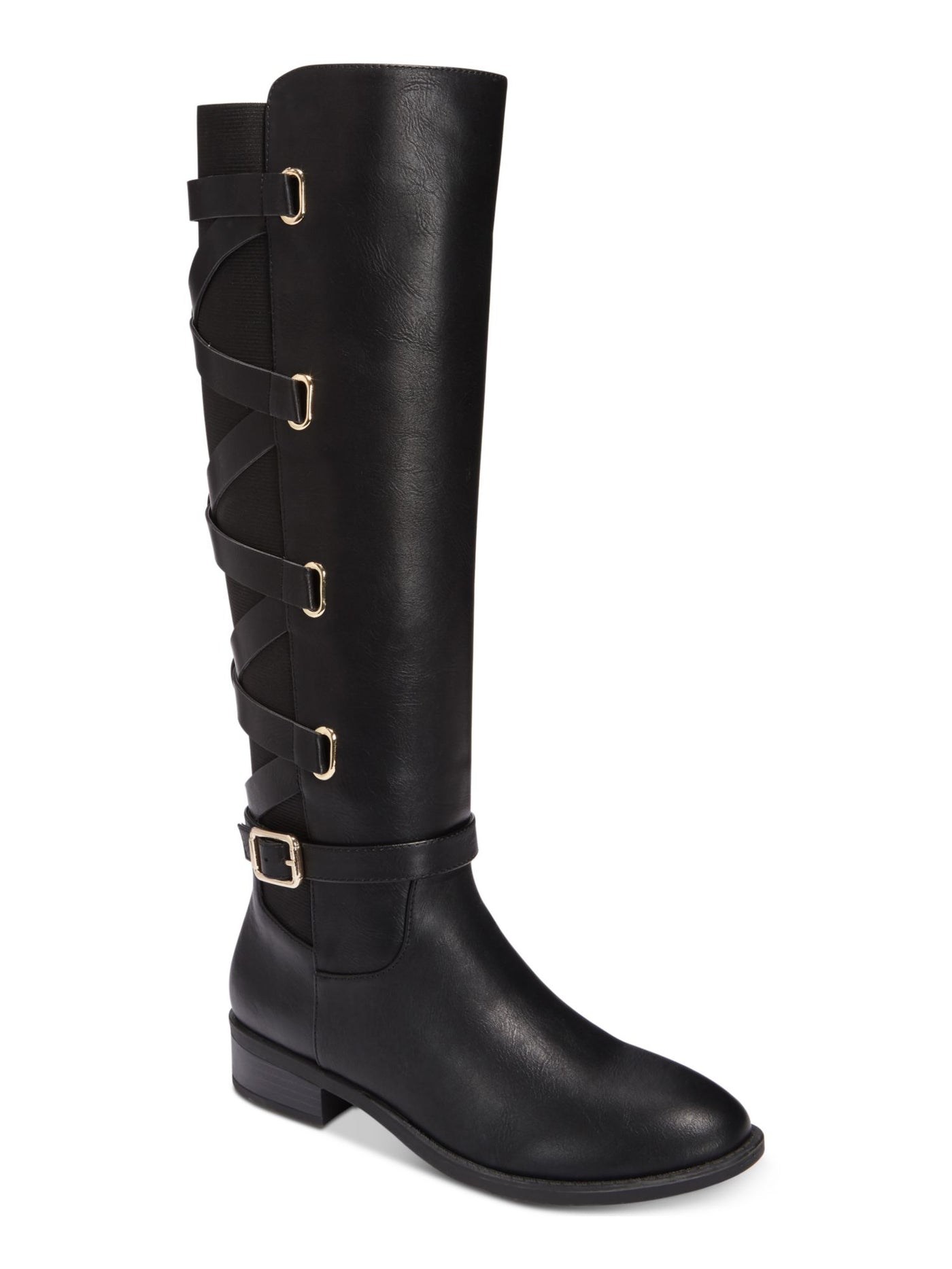 THALIA SODI Womens Black Criss-Cross Straps At Back Buckle Accent Stretch Round Toe Stacked Heel Zip-Up Boots Shoes 6.5