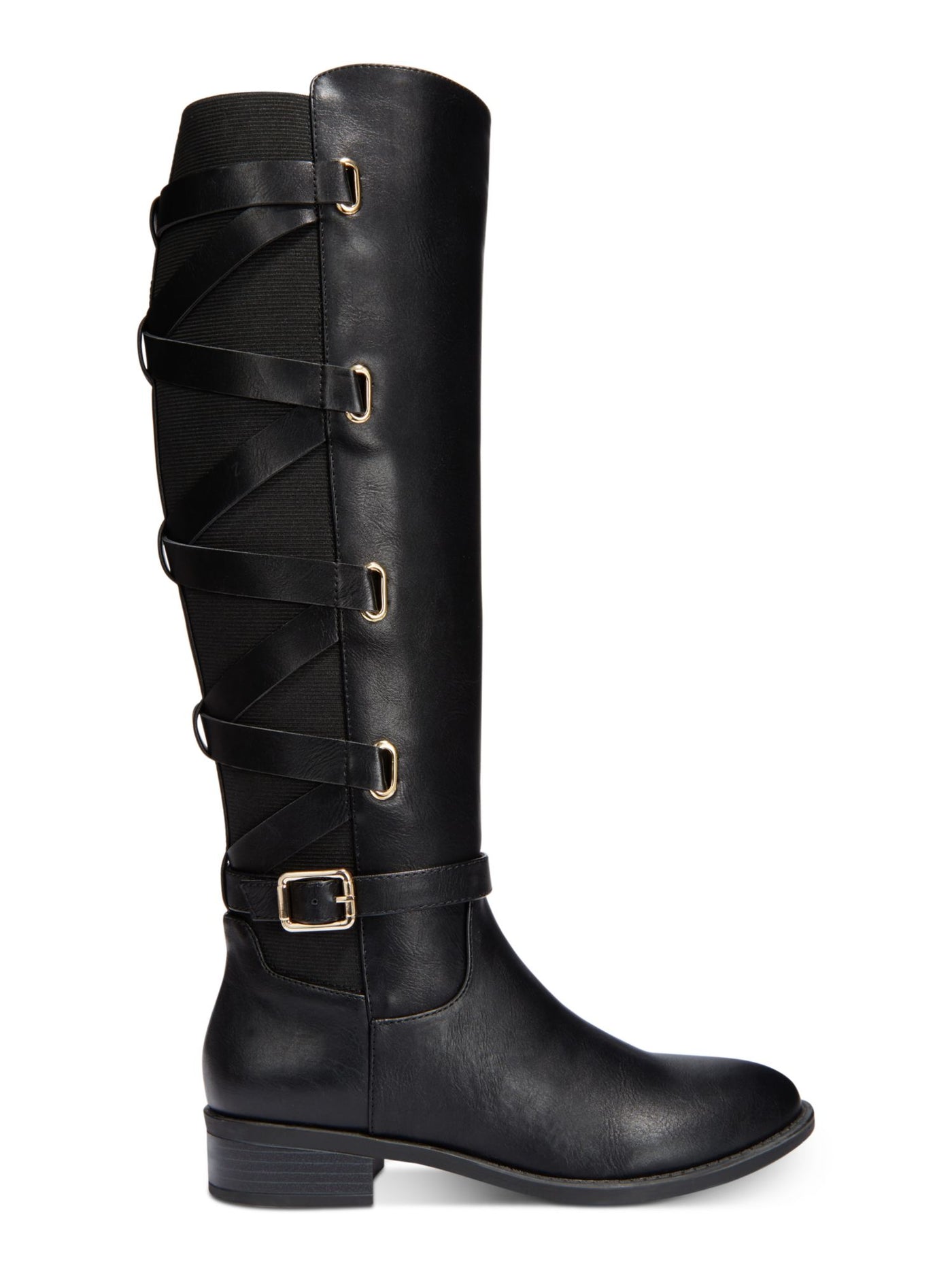 THALIA SODI Womens Black Criss-Cross Straps At Back Buckle Accent Stretch Round Toe Stacked Heel Zip-Up Boots Shoes 6