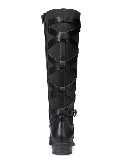 THALIA SODI Womens Black Criss-Cross Straps At Back Buckle Accent Stretch Round Toe Stacked Heel Zip-Up Boots Shoes 6