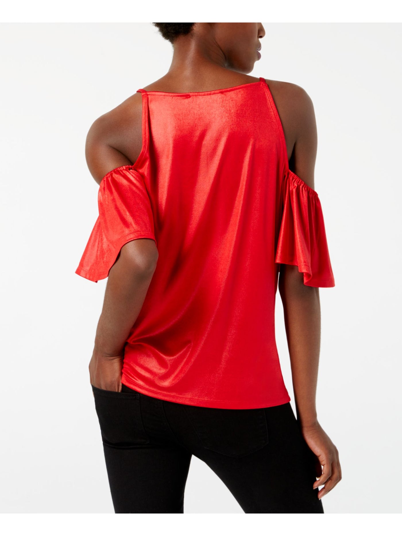 INC Womens Red Cold Shoulder Short Sleeve Asymmetrical Neckline Evening Top XS