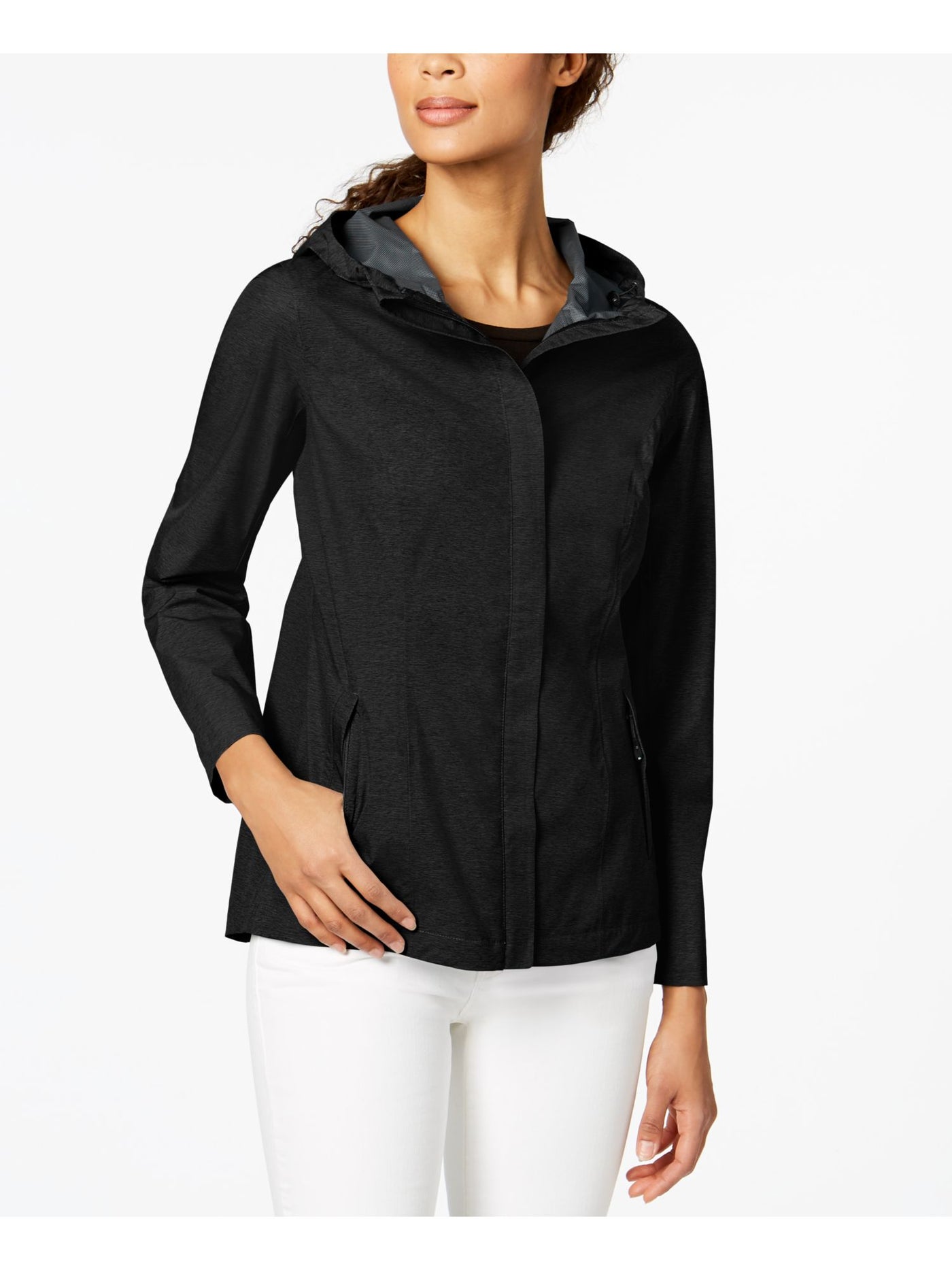 32 DEGREE COOL Womens Black Pocketed Zippered Slit Drop Tail  Removable Hood Rain Coat XXL