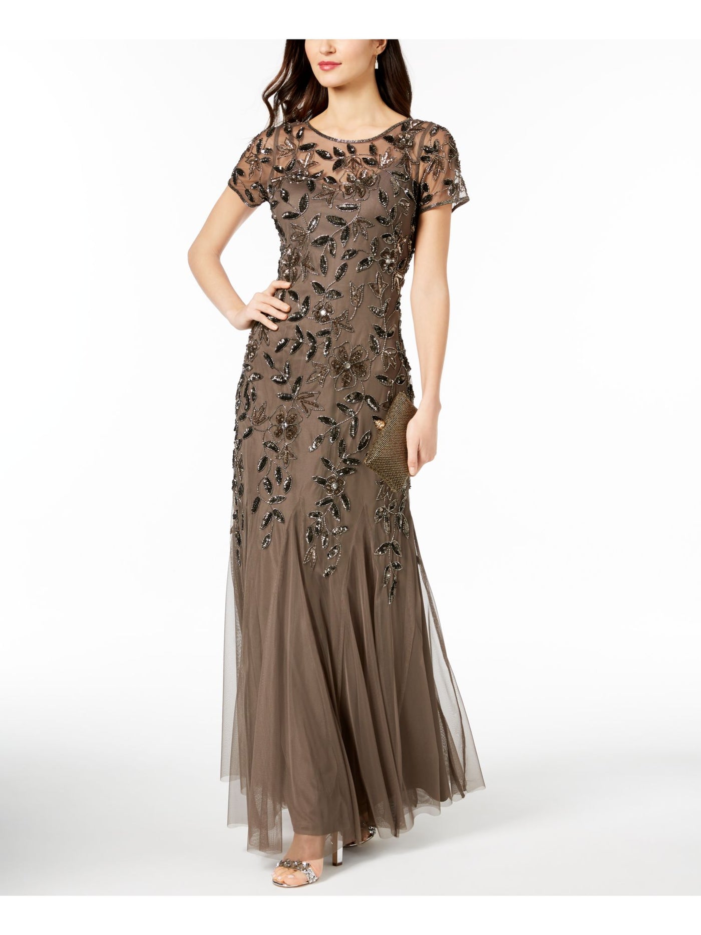 ADRIANNA PAPELL Womens Brown Sheer Embellished Lined Mermaid Godets Floral Short Sleeve Illusion Neckline Full-Length Evening Gown Dress Petites 6P