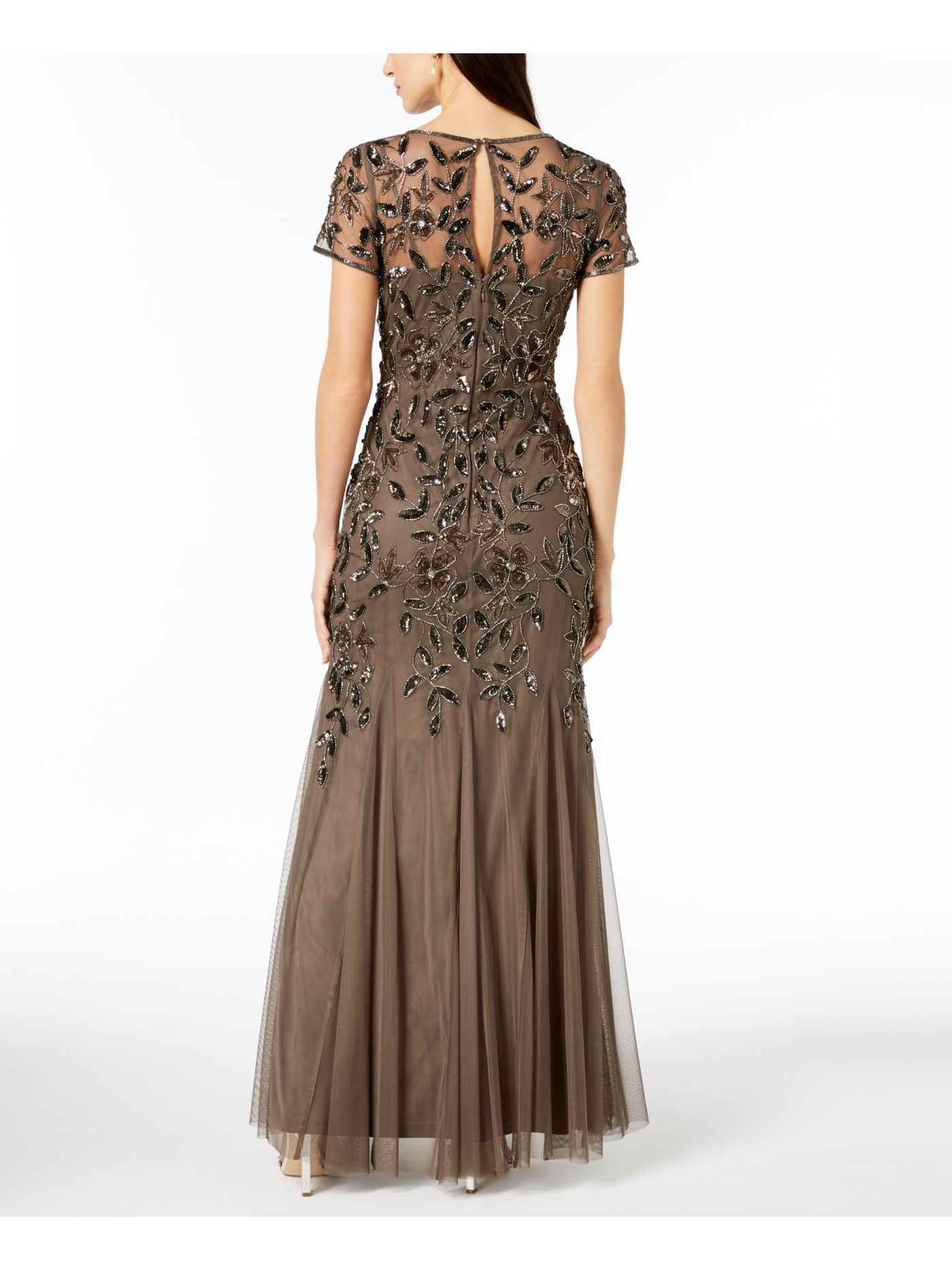 ADRIANNA PAPELL Womens Brown Sheer Embellished Lined Mermaid Godets Floral Short Sleeve Illusion Neckline Full-Length Evening Gown Dress Petites 6P