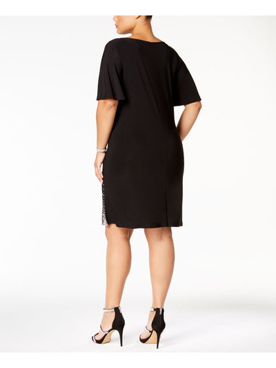 MSK Womens Black Beaded Slit Sleeve V Neck Above The Knee Party Shift Dress Plus 1X