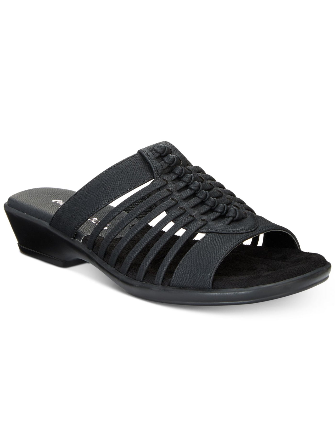 EASY STREET Womens Black Strappy Woven Comfort Stretch Nola Round Toe Block Heel Slip On Slide Sandals Shoes 6.5 WW
