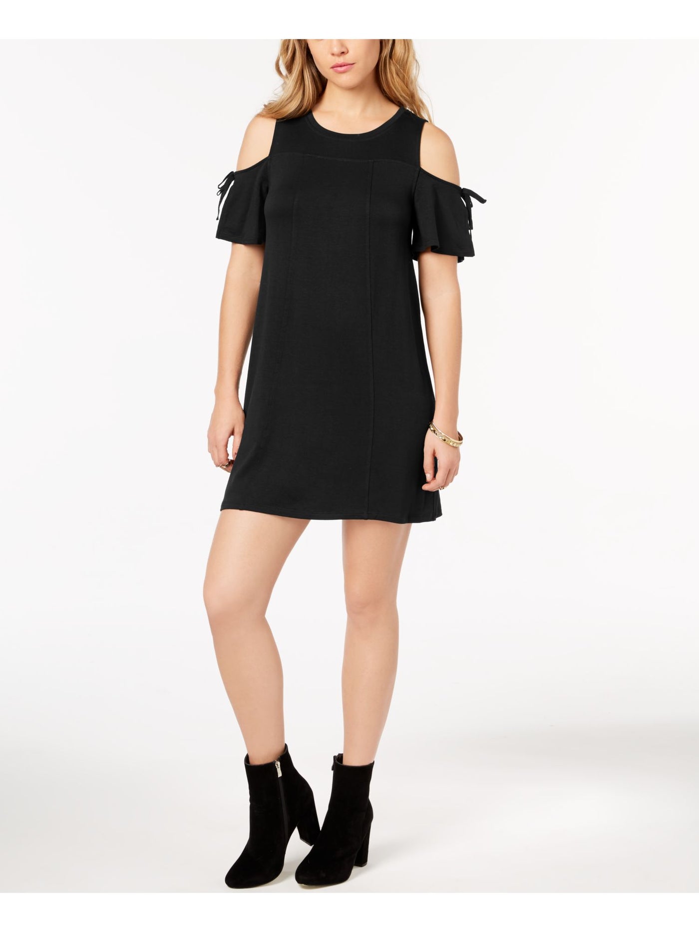 KENSIE Womens Black Cold Shoulder Short Sleeve Jewel Neck Mini Shift Dress S