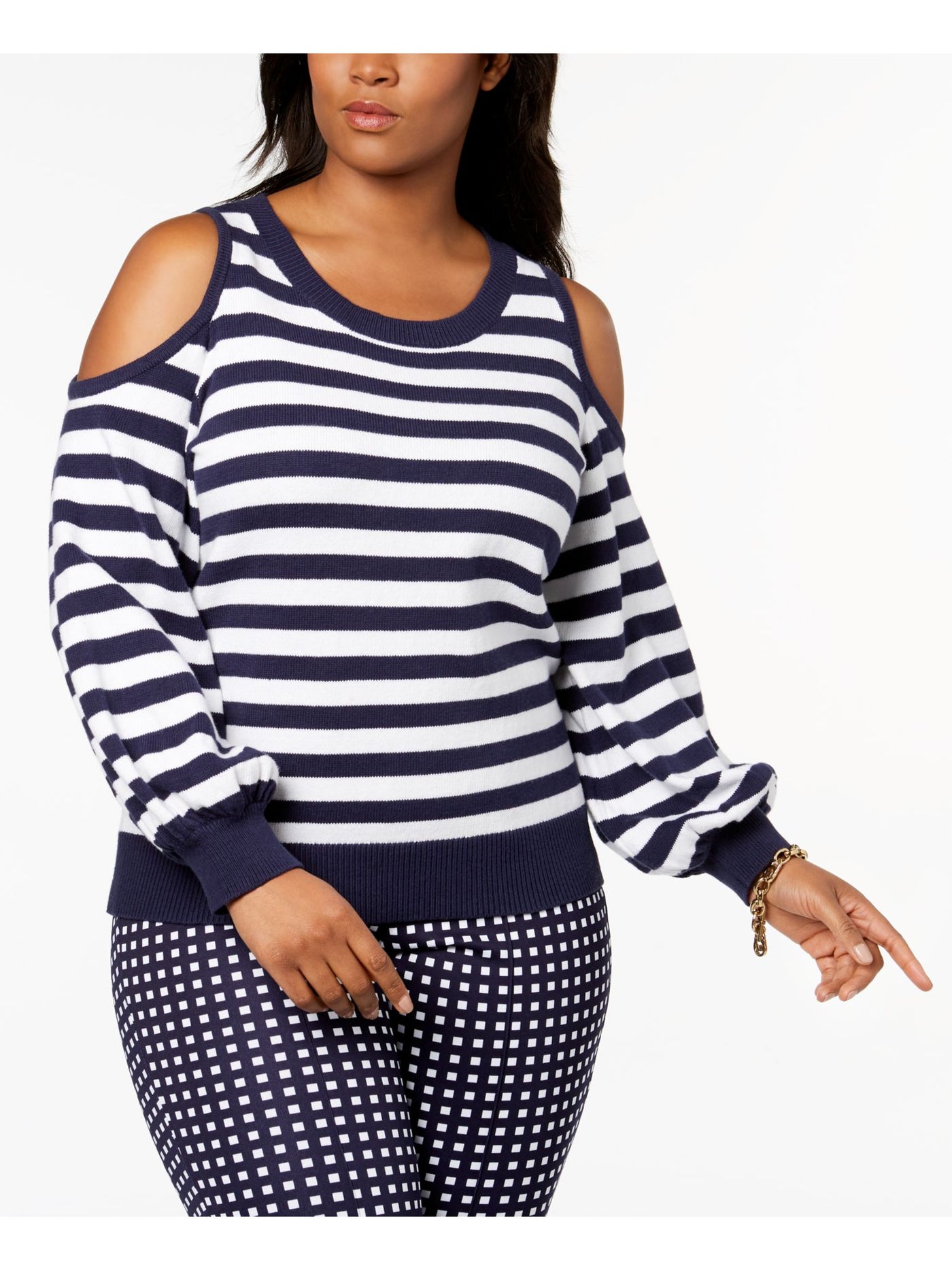 MICHAEL MICHAEL KORS Womens Navy Cold Shoulder Ribbed Striped Long Sleeve Scoop Neck Sweater Plus 3X