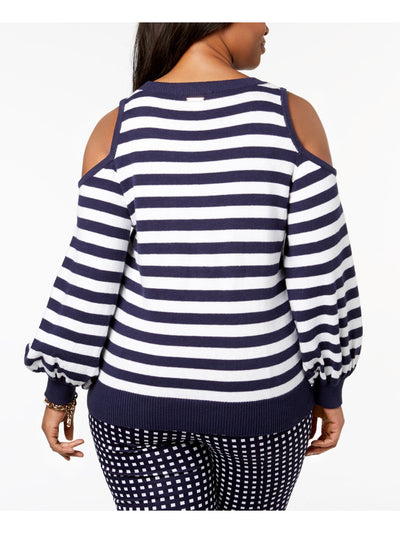 MICHAEL MICHAEL KORS Womens Navy Cold Shoulder Ribbed Striped Long Sleeve Scoop Neck Sweater Plus 3X