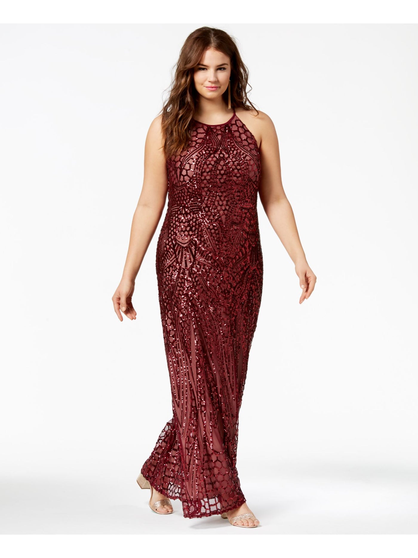 MORGAN & CO Womens Burgundy Sequined Zippered Spaghetti Strap Halter Full-Length Evening Fit + Flare Dress 14W