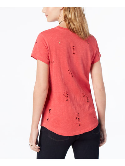 LUCKY BRAND Womens Red Frayed Short Sleeve Crew Neck T-Shirt S