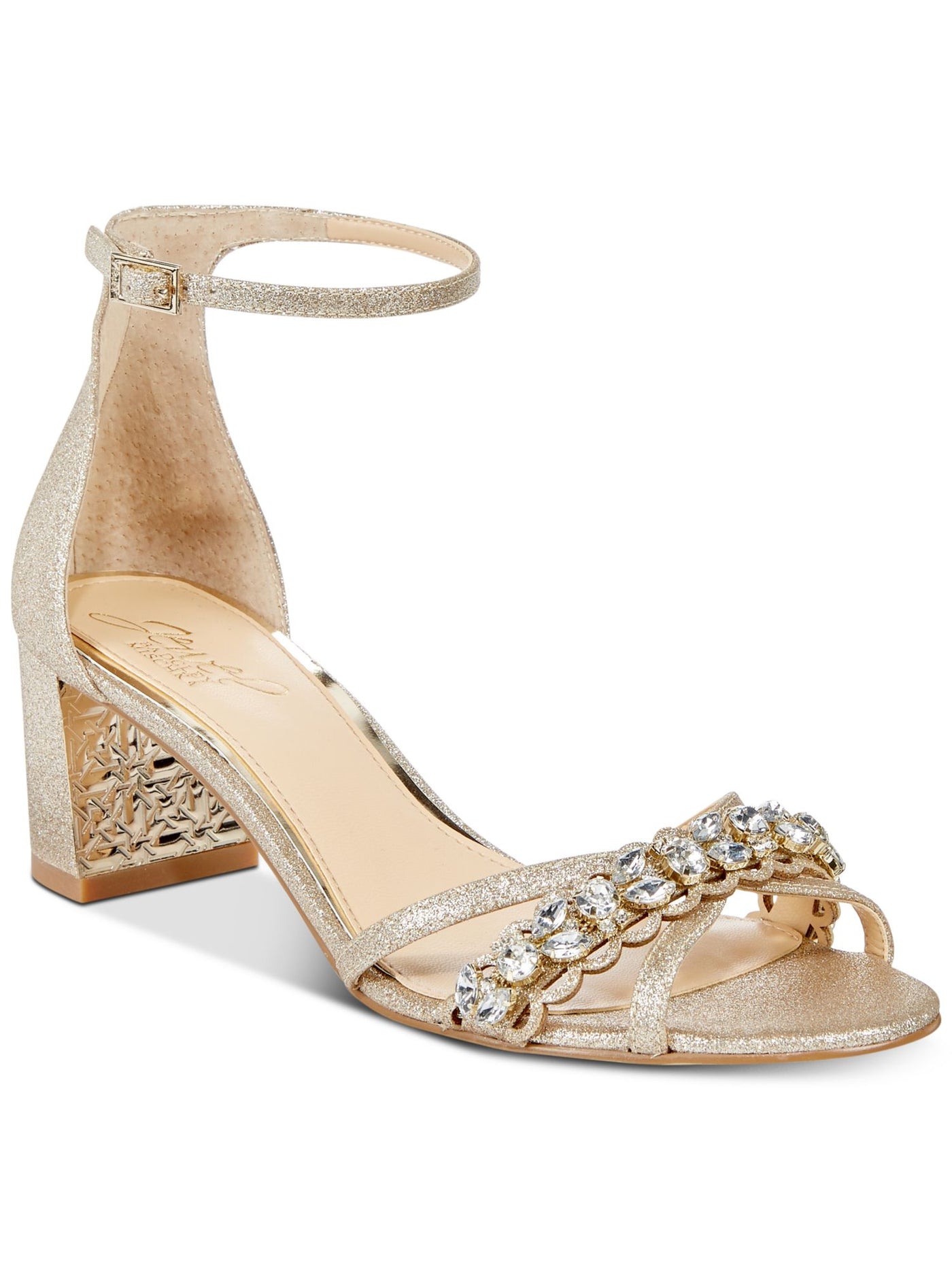 JEWEL BADGLEY MISCHKA Womens Beige Adjustable Ankle Strap Embellished Perforated Giona Round Toe Block Heel Buckle Dress Slingback Sandal 8 W