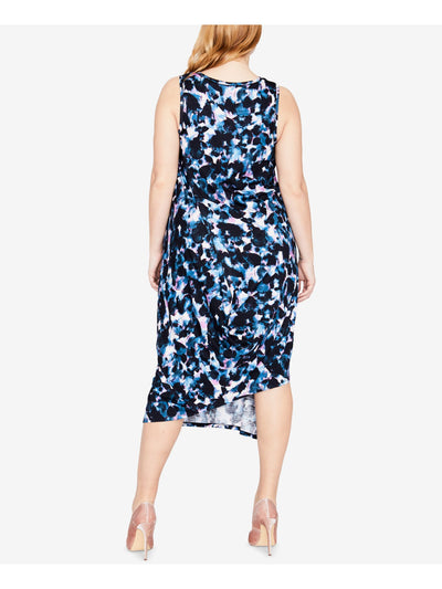 RACHEL ROY Womens Navy Printed Sleeveless Jewel Neck Tea-Length Shift Dress Plus 1X