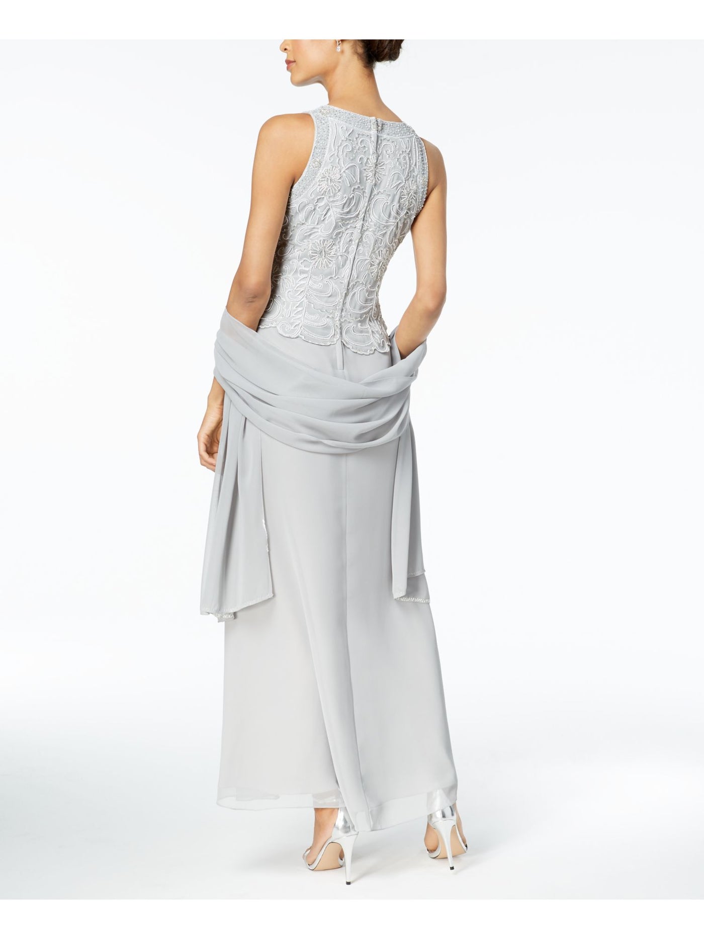 JKARA Womens Silver Beaded Gown Sleeveless Jewel Neck Maxi Evening Dress 6