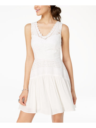 CITY STUDIO Womens White Eyelet Sleeveless V Neck Above The Knee Party Fit + Flare Dress Juniors 5