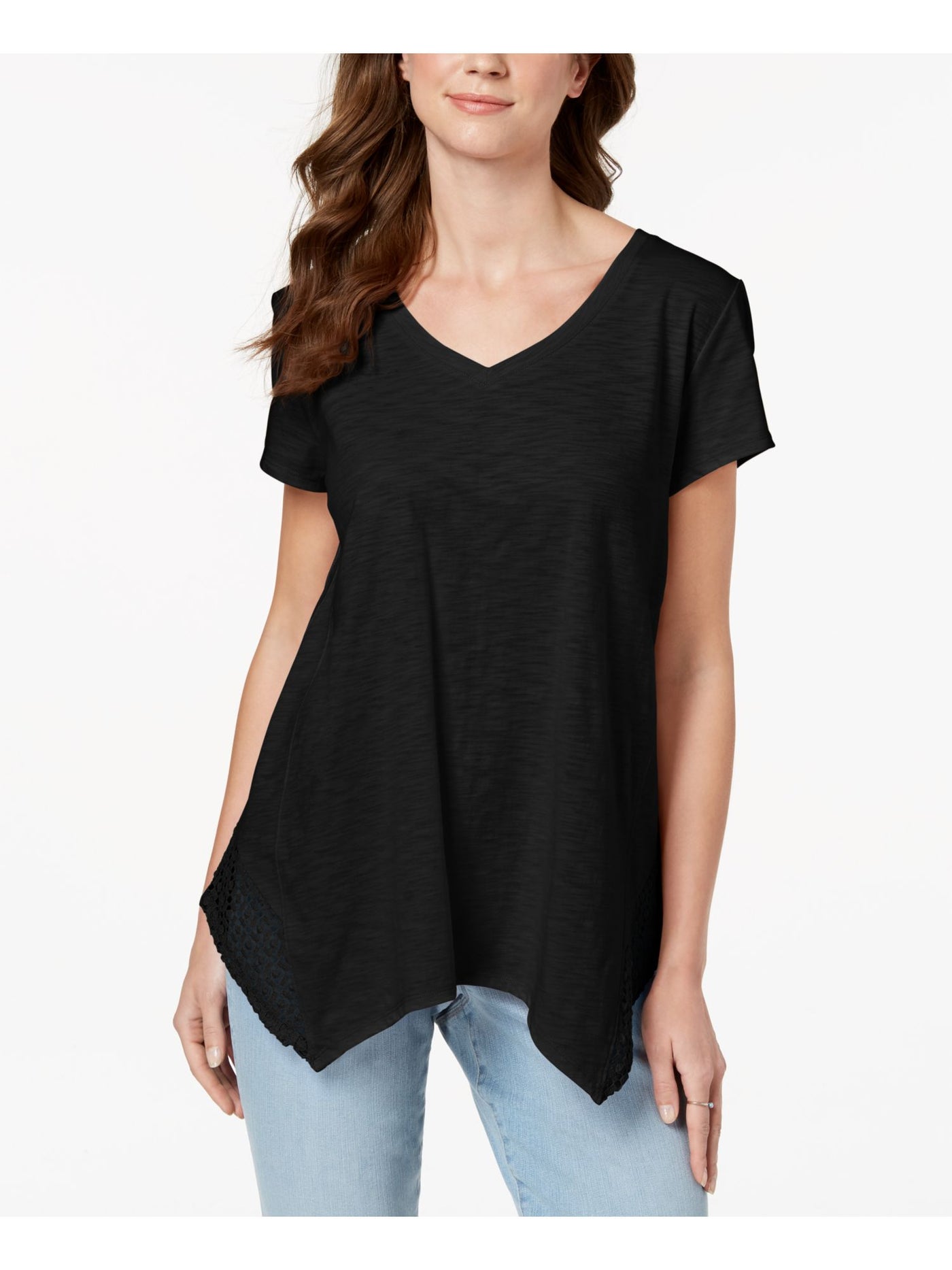 STYLE & COMPANY Womens Black Handkerchief-hem Short Sleeve V Neck Top XS