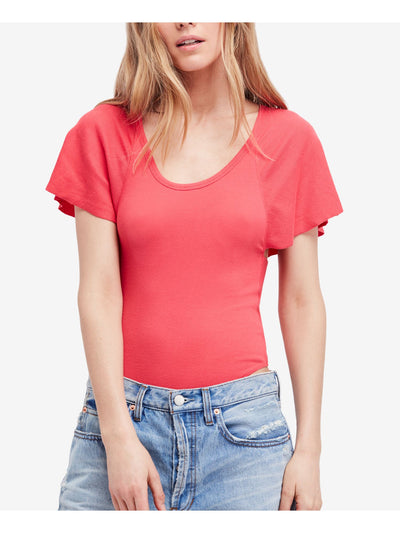 FREE PEOPLE Womens Pink Ribbed Flutter Sleeve Body Suit Top XS