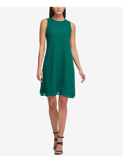 DKNY Womens Green Lace Textured Polka Dot Sleeveless Round Neck Above The Knee Cocktail Fit + Flare Dress 4