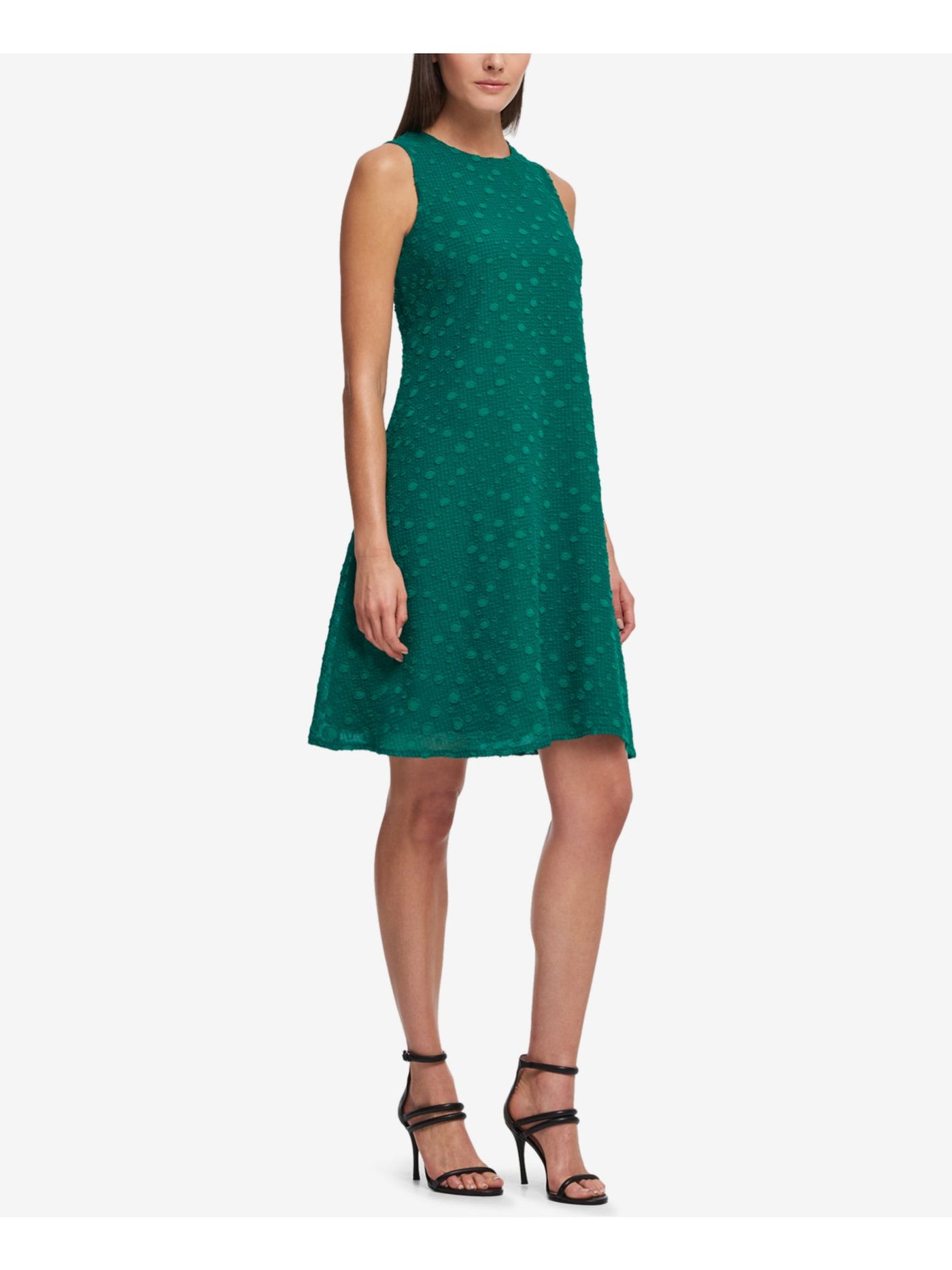 DKNY Womens Green Lace Textured Polka Dot Sleeveless Square Neck Above The Knee Cocktail Fit + Flare Dress 4