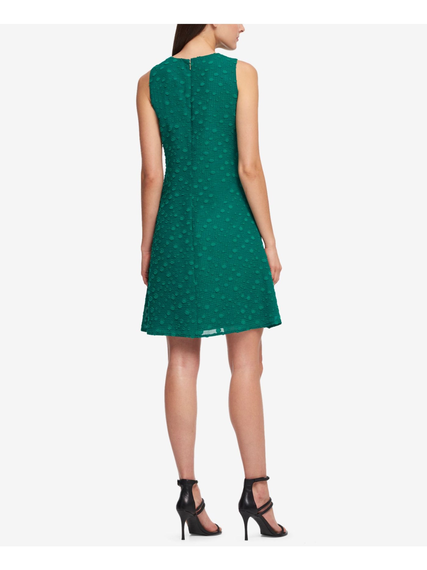 DKNY Womens Green Lace Textured Polka Dot Sleeveless Round Neck Above The Knee Cocktail Fit + Flare Dress 4