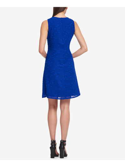 DKNY Womens Blue Stretch Textured Zippered Chiffon Polka Dot Sleeveless Crew Neck Above The Knee Evening Trapeze Dress 4