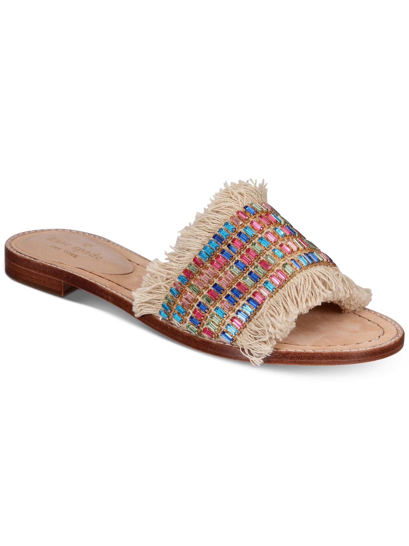 KATE SPADE NEW YORK Womens Beige Embellished Frayed Solaina Round Toe Slip On Slide Sandals Shoes 7.5 M