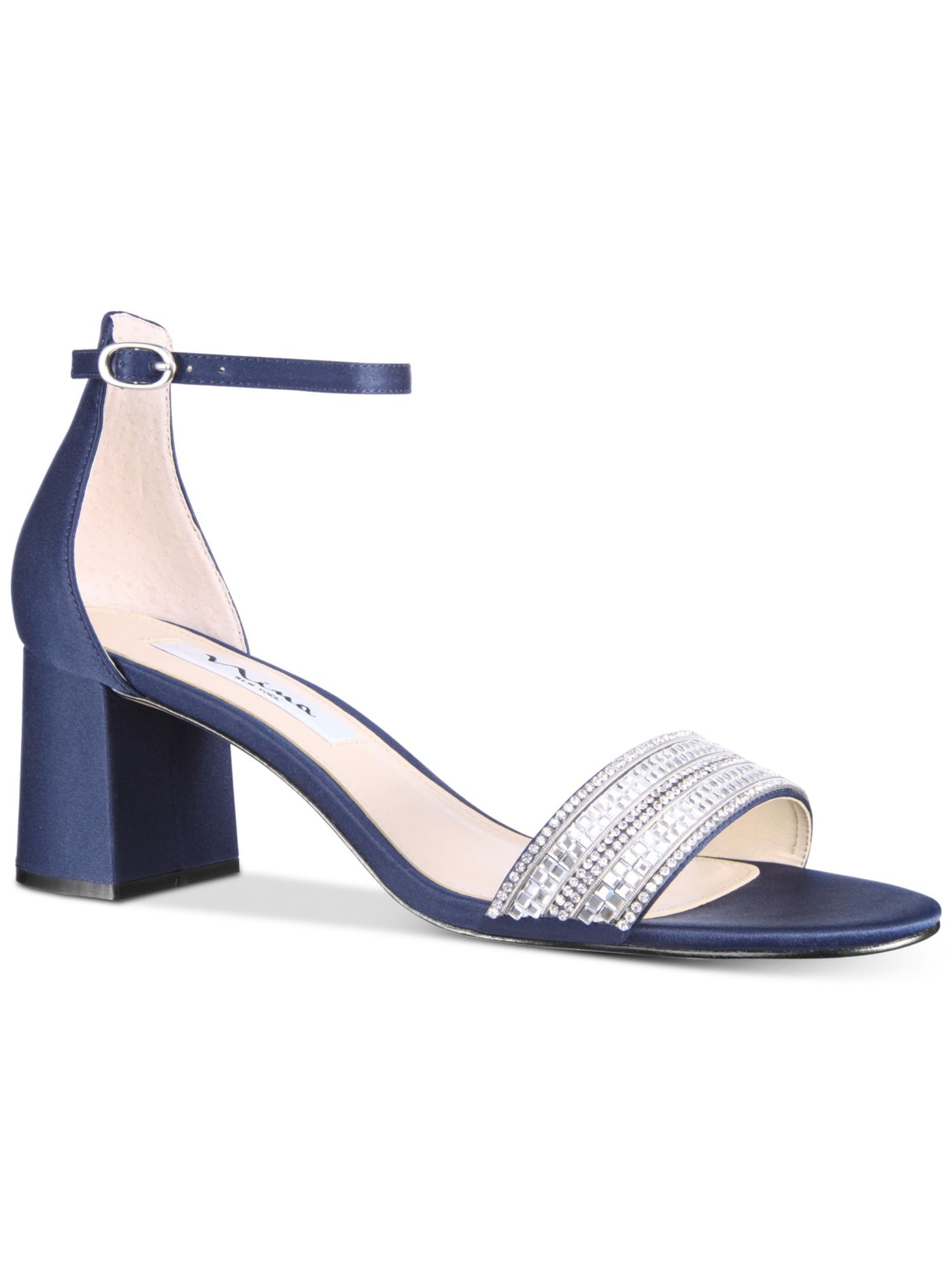 NINA Womens Navy Crystal Embellished Toe Strap Almond Toe Block Heel Buckle Leather Dress Sandals 8.5 M