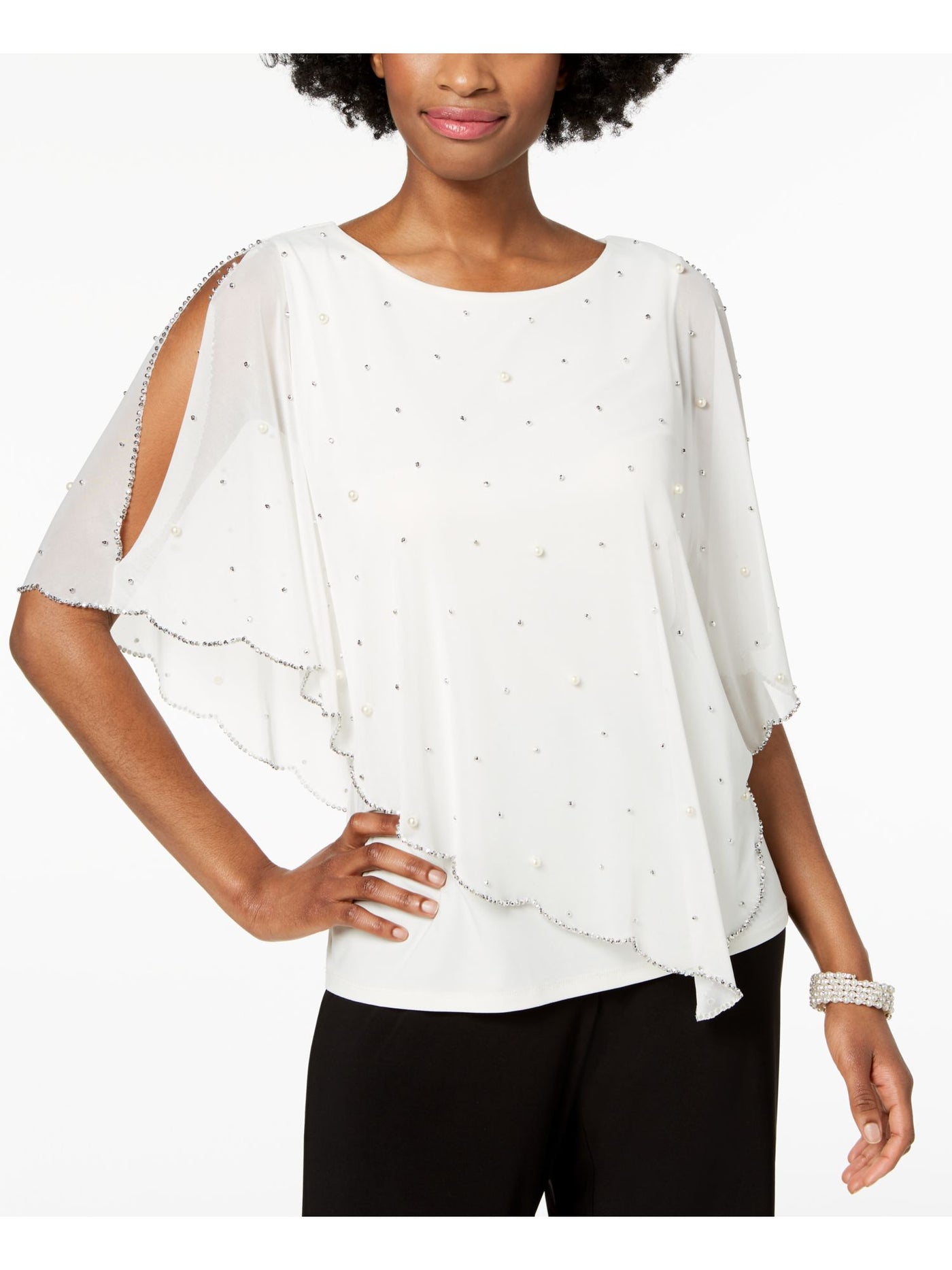 MSK PETITES Womens Ivory Stretch Embellished Cold Shoulder Cape Overlay Flutter Sleeve Jewel Neck Wear To Work Top Petites PL