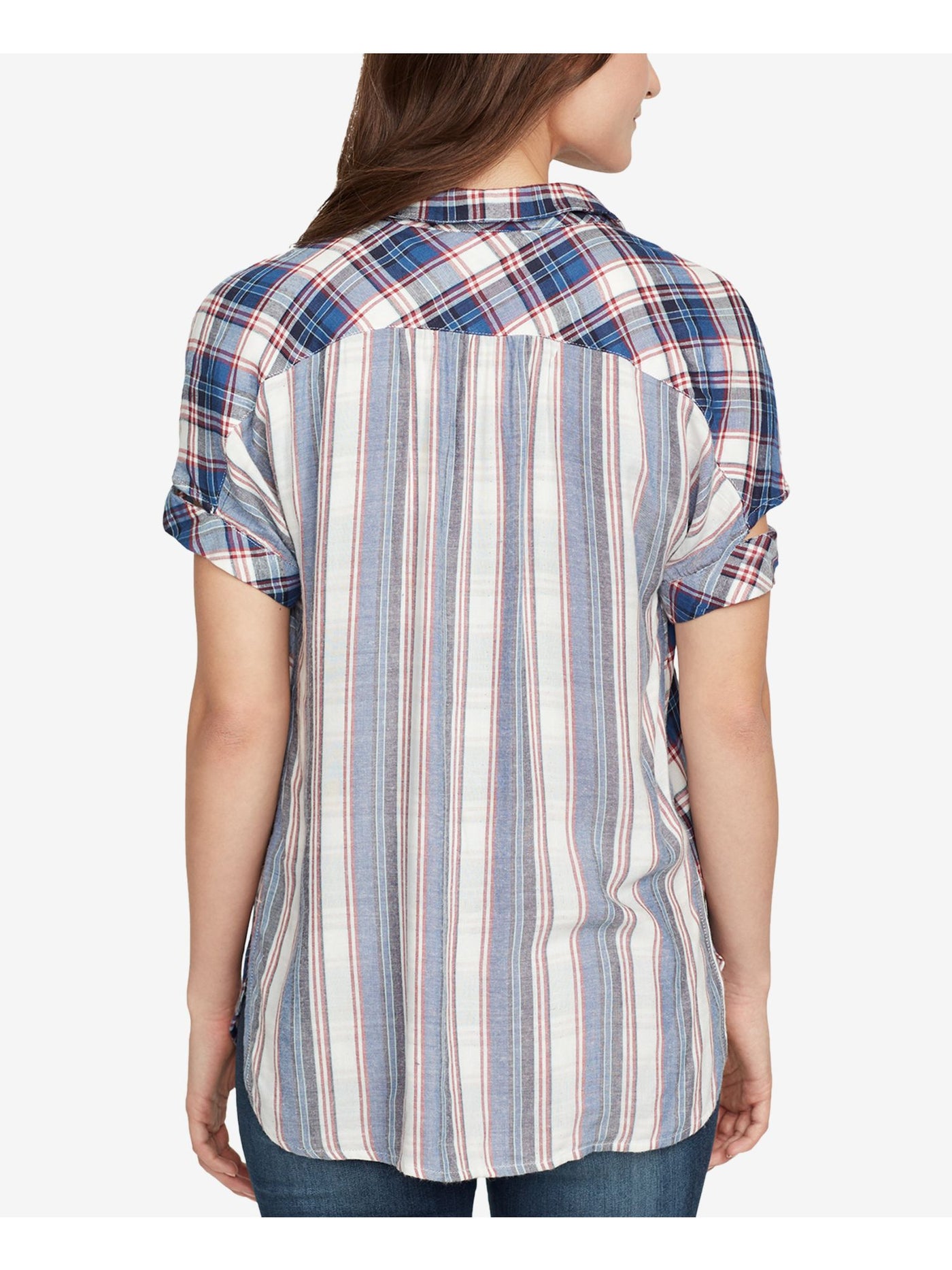 WILLIAM RAST Womens Blue Plaid Short Sleeve V Neck Top S