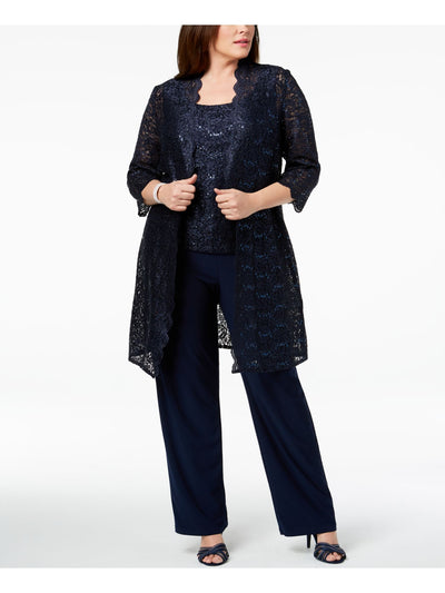 R&M RICHARDS Womens Navy Sequined Lace Jacket Plus 18W