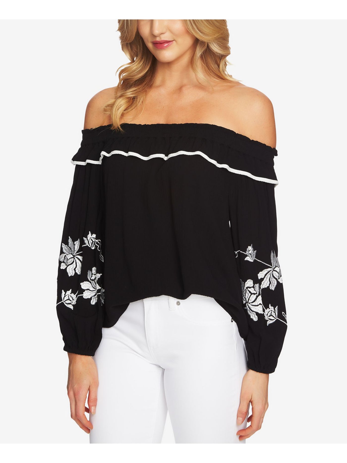 CECE Womens Black Embroidered Long Sleeve Off Shoulder Top XS