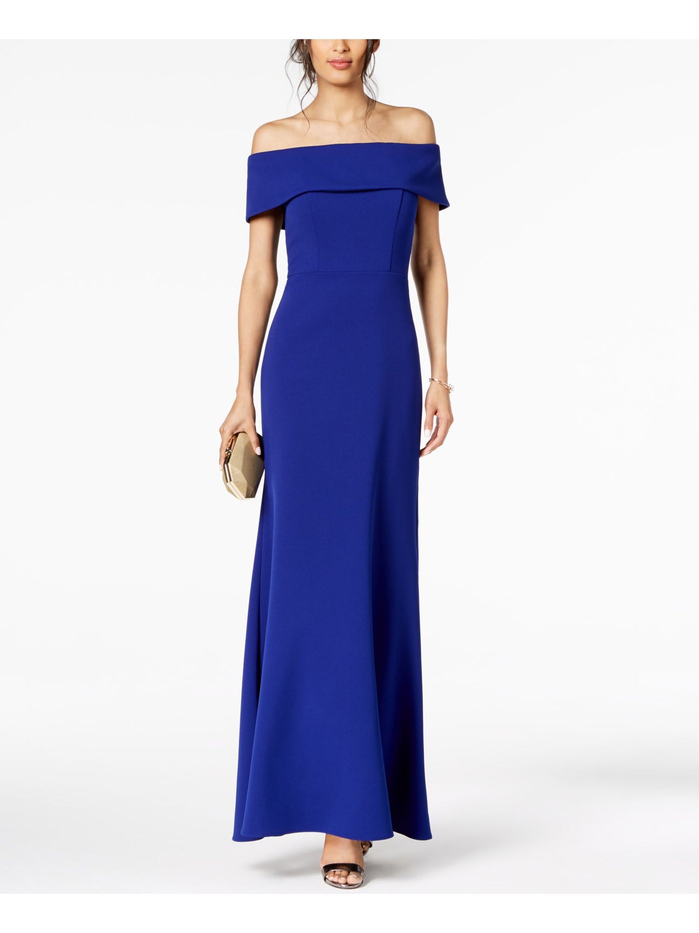 BETSY & ADAM Womens Blue Zippered Ruched  At Back Of Waist Sleeveless Off Shoulder Full-Length Evening Fit + Flare Dress 2