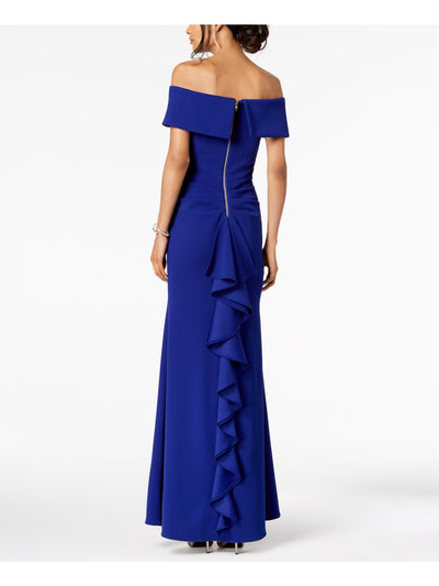BETSY & ADAM Womens Blue Zippered Ruched  At Back Of Waist Sleeveless Off Shoulder Full-Length Evening Fit + Flare Dress 2