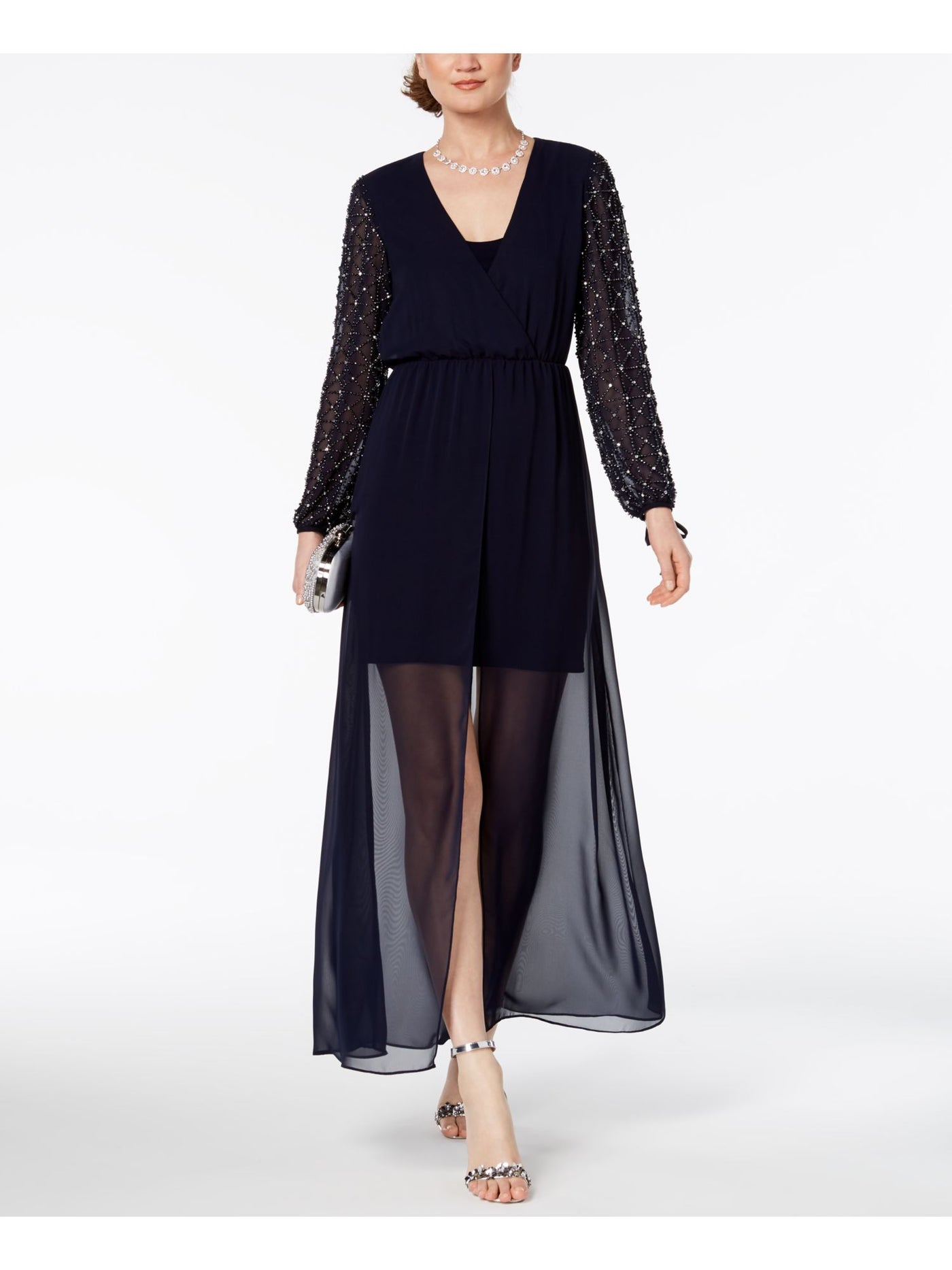 BETSY & ADAM Womens Navy Embellished Gown Long Sleeve Scoop Neck Full-Length Evening A-Line Dress Petites 2P