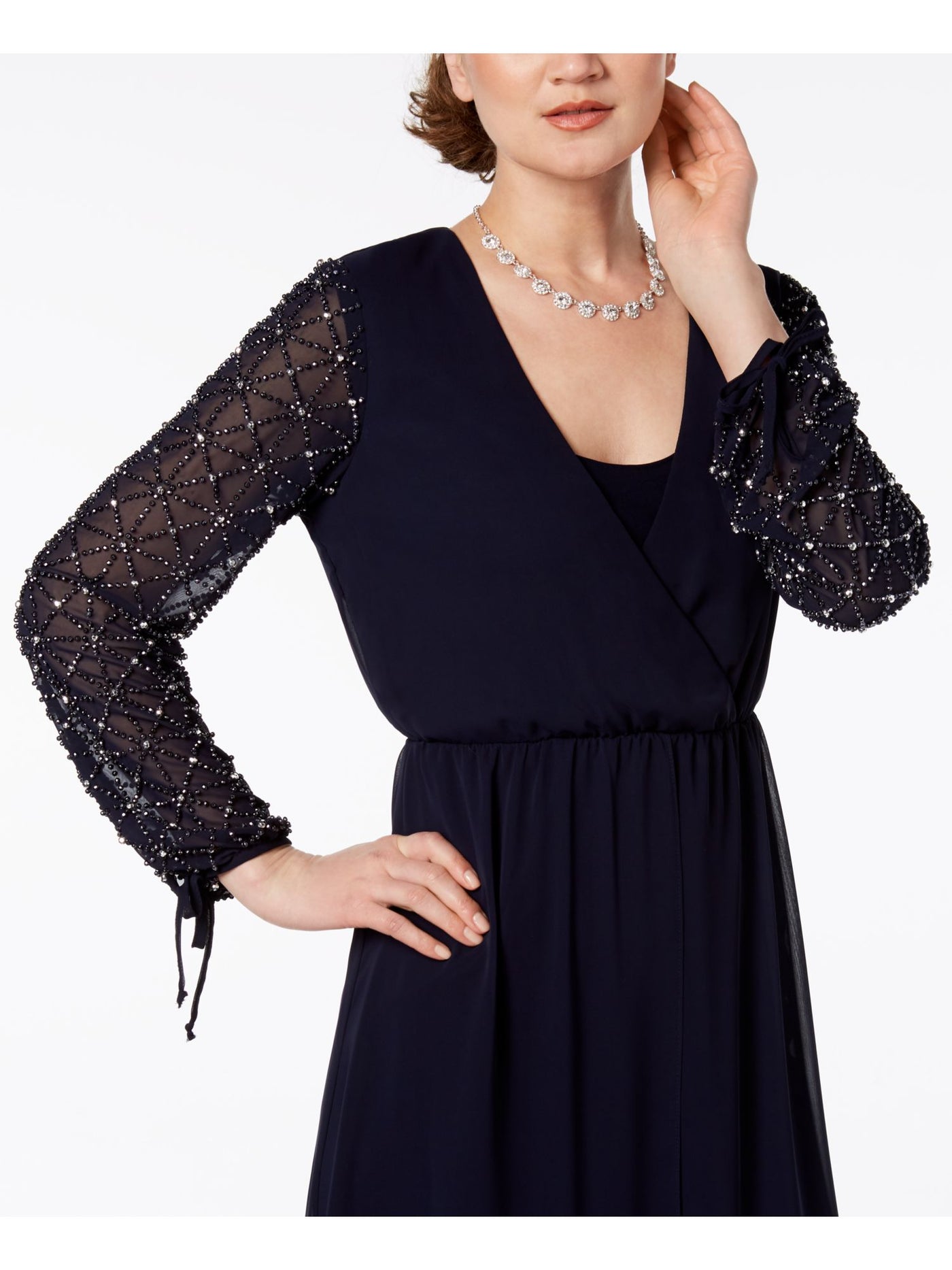 BETSY & ADAM Womens Navy Embellished Gown Long Sleeve Scoop Neck Full-Length Evening A-Line Dress Petites 2P