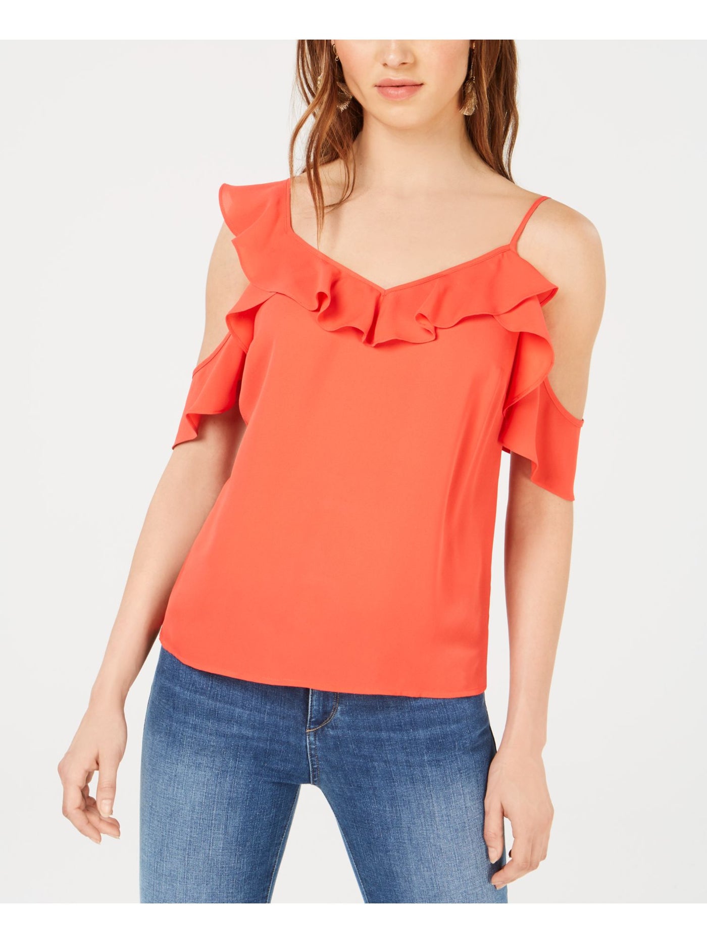 BAR III Womens Red Cold Shoulder Ruffled Asymmetrical Scoop Neck Top XS