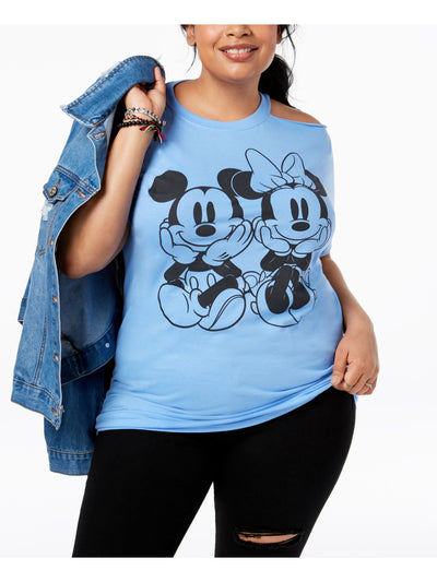 MICKEY MOUSE Womens Light Blue Cold Shoulder Mickey & Minnie Mouse Short Sleeve Crew Neck T-Shirt Plus 2X