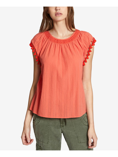 SANCTUARY Womens Orange Tassel Trim Shirred Neck Jewel Neck Peasant Top S