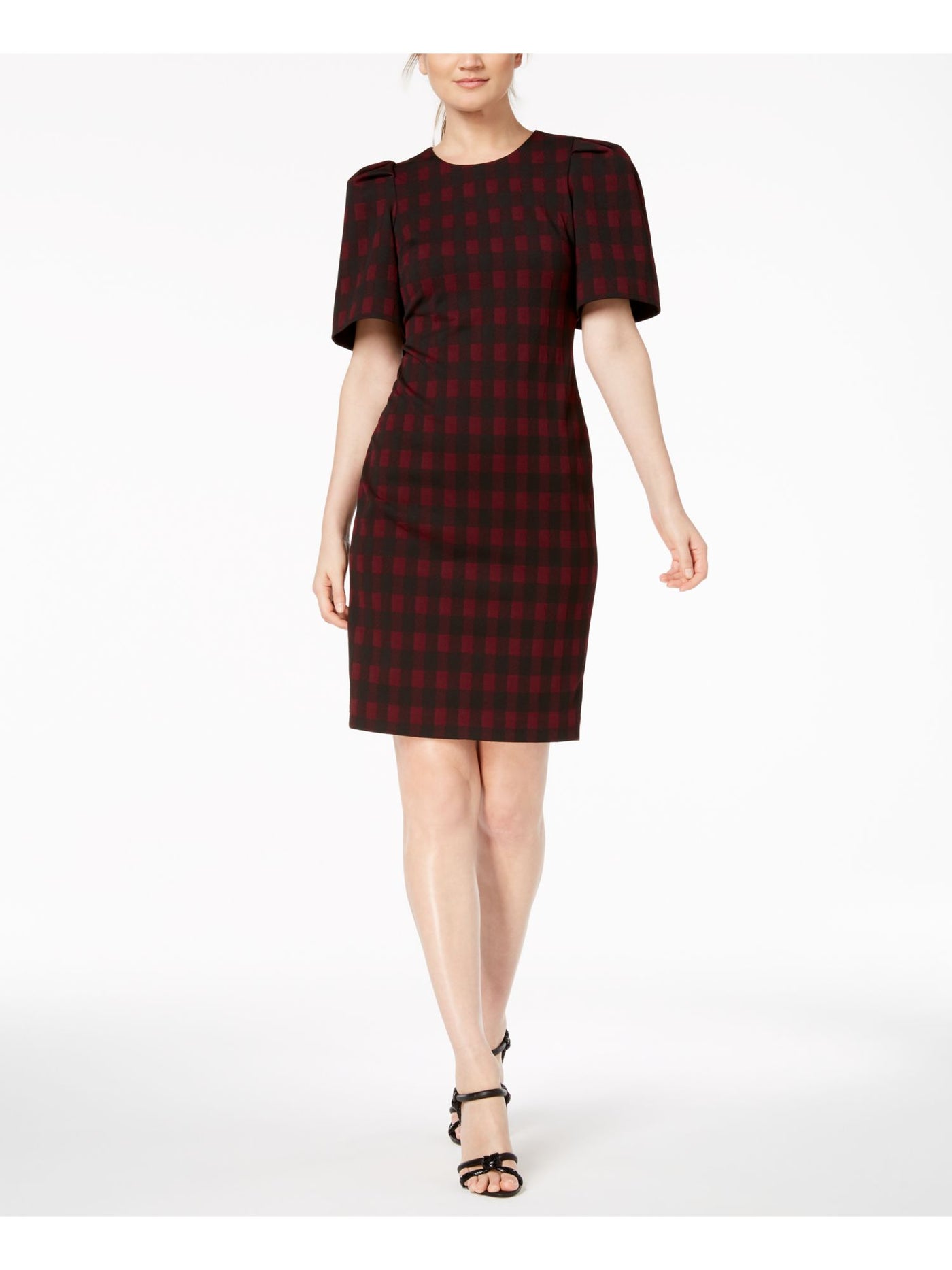 CALVIN KLEIN Womens Maroon Ruched Plaid Pouf Sleeve Jewel Neck Knee Length Cocktail Shift Dress 2