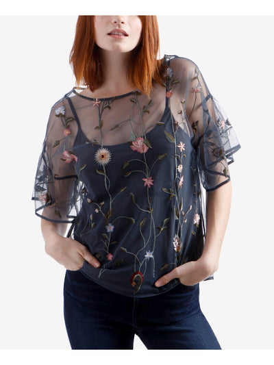LUCKY BRAND Womens Navy Embroidered Sheer Floral 3/4 Sleeve Scoop Neck Evening Blouse XS