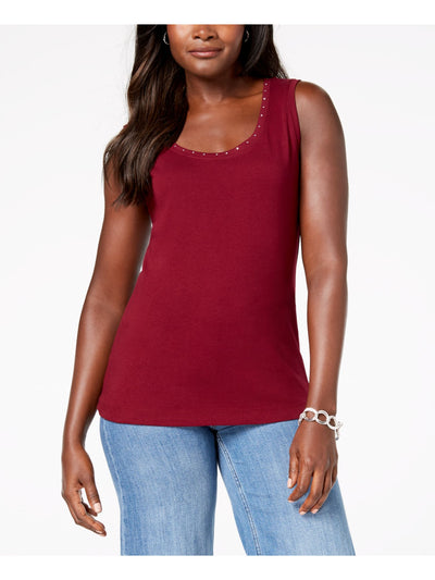 KAREN SCOTT Womens Burgundy Embellished Scoop Neck Top XS